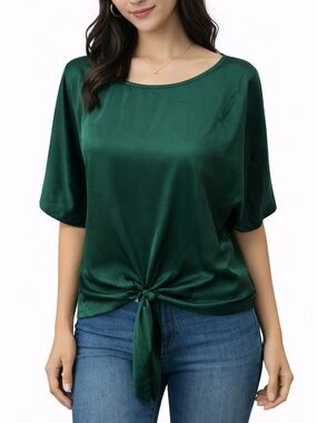 She + Sky Green Satin Blouse Small Tie Front Top Flowy Boho Short Sleeve